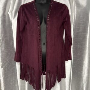 FATE by LFD Faux Suede Open Cardigan Fringe Hem Sleeveless Burgundy Women’s M